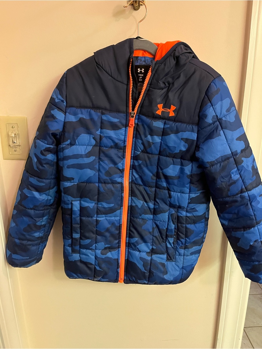 Under Armour Boys Blue Camo Puffer Jacket with Orange Trim